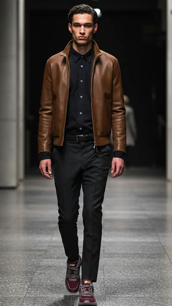 Seorang pria mengenakan jaket kulit cokelat dan sepatu sneaker U.P. Colossus berwarna Maroon Red dan abu-abu.
